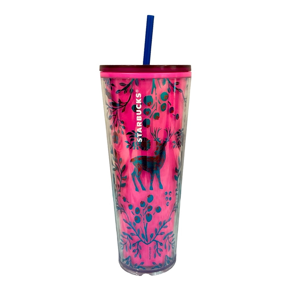 Holiday Theme Reindeer Deer Pink Blue Starbucks Water Cup 24 oz Retired NWOT